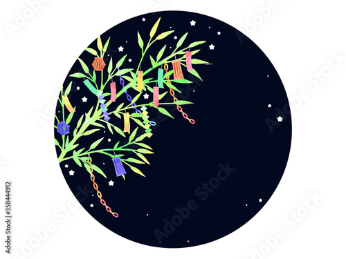 七夕の笹と飾りのイラスト背景、手描き、水彩風