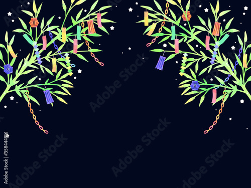 七夕の笹と飾りのイラスト背景、手描き、水彩風