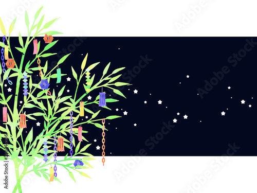 七夕の笹と飾りのイラスト背景、手描き、水彩風