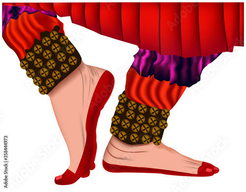 Indian classical dance form with ankle bells and red dye on feet. Feet action while indian classical dance vector. photo