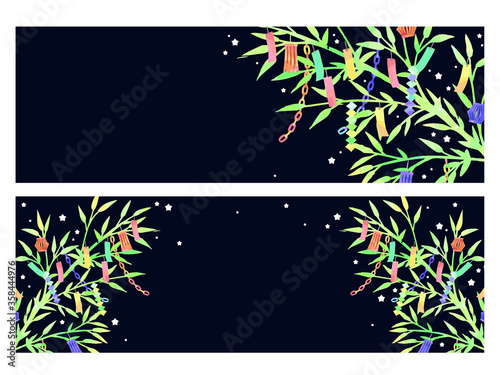 七夕の笹と飾りのイラスト背景、手描き、水彩風