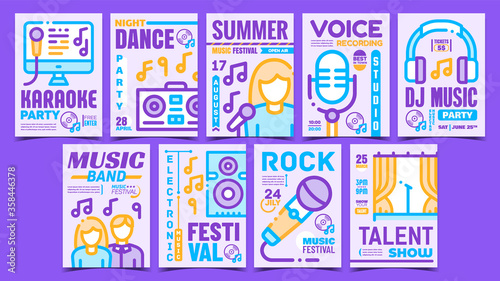 Music Concert Creative Promo Posters Set Vector. Rock And Dj Electro Music, Karaoke And Dancing Club, Talent And Voice Show Advertising Banners. Concept Template Stylish Colorful Illustrations