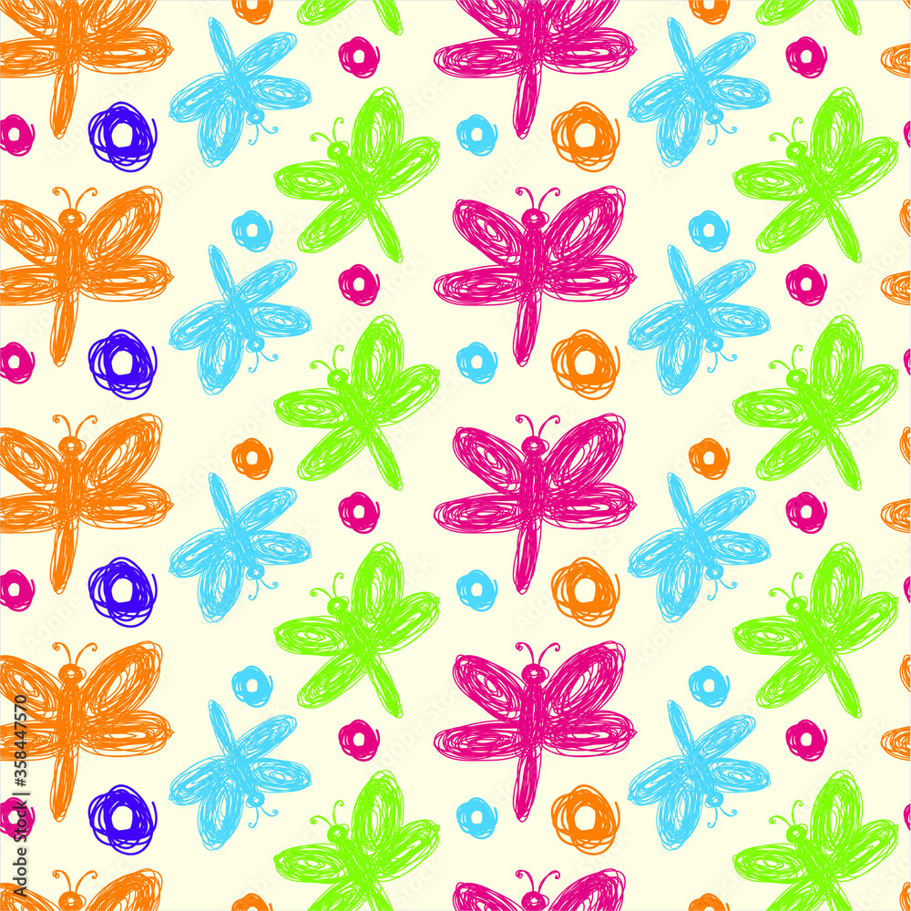seamless pattern colorful dragonfly and circle with line style seamless pattern colorful dragonfly and circle with line style