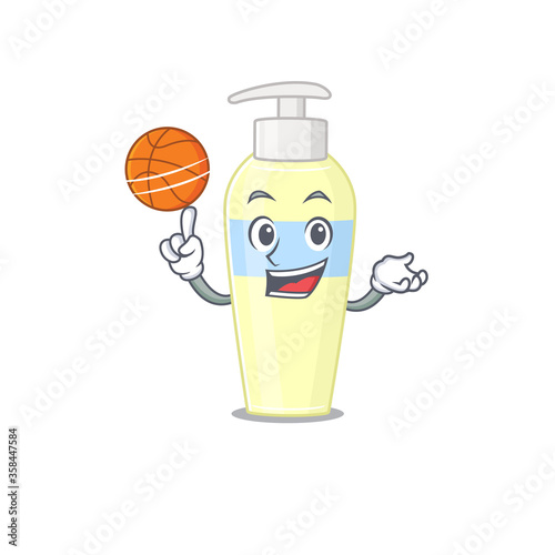 Sporty cartoon mascot design of serum with basketball
