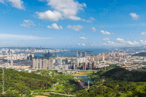 Aerial view of Cityscape with blue sky and buildings in Haicang New District, Xiamen City, Fujian Province