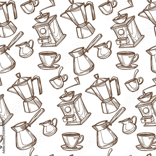 Coffee grinder and machine, turkish pot seamless pattern
