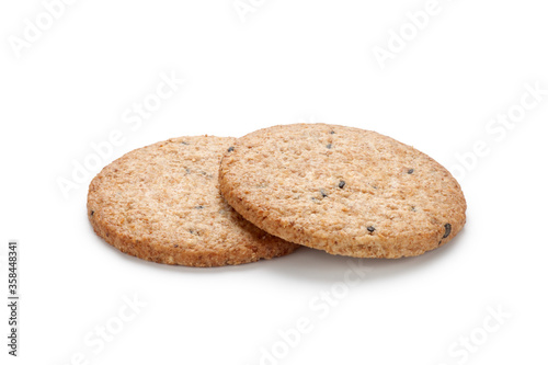 Round digestive biscuits on white background.