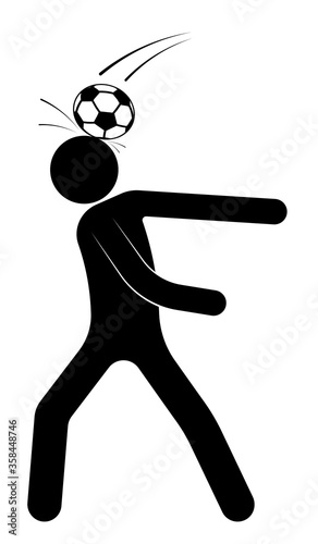 stick figure, man is playing soccer. Ball unexpectedly hit the player in the head. Injury during the competition. Team sports. Isolated vector on white background