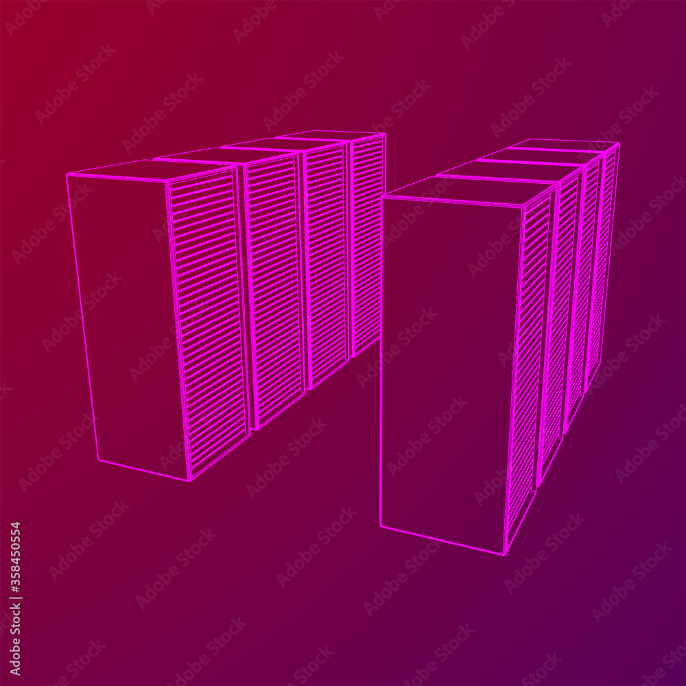 Data center storage room object. Hardware equipment telecommunication server. Computer database tower. Internet industry cluster. Wireframe low poly mesh 3d render illustration Data center storage room object. Hardware equipment telecommunication server. Computer database tower. Internet industry cluster. Wireframe low poly mesh 3d render illustration
