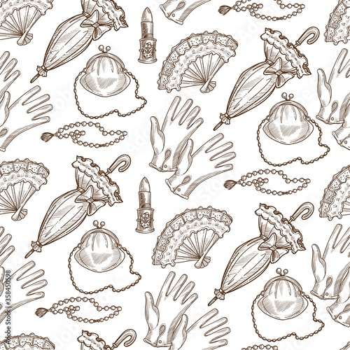 Female vintage fashion accessories and clothing seamless pattern