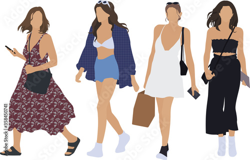 Group of Women Walking, Summer Street Casual Wear; Flat Vectors for Architectural and Urban Rendering.