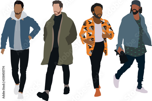 Diverse Group of Men Walking; Flat Vectors for Architectural and Urban Rendering.