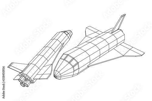 Space ship shuttle. Wireframe low poly mesh vector illustration.