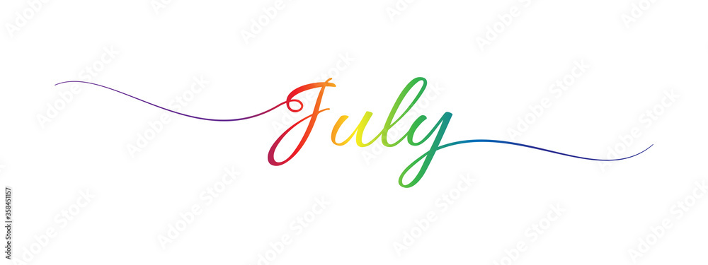 july letter calligraphy banner colorful gradient - obrazy, fototapety, plakaty 