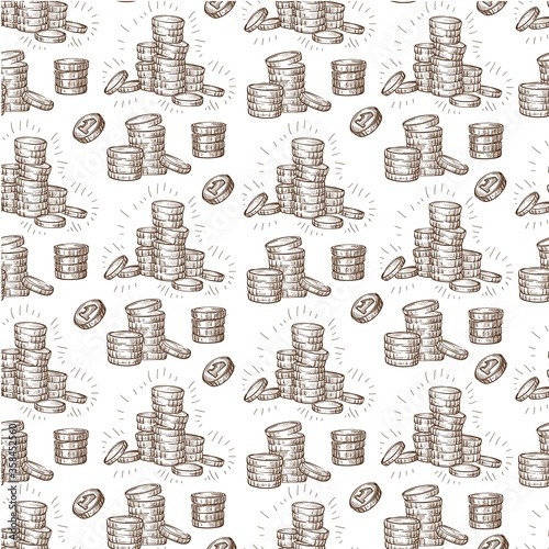 Coins in pile, money savings treasure seamless pattern