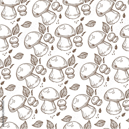 Puffball mushroom with leaves, mushrooming season seamless pattern photo