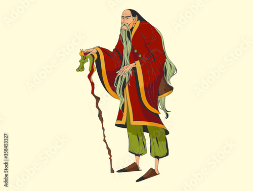 Vector cartoon character. Asian old man. Sage.