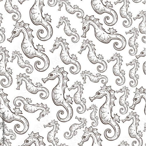 Seahorse marine aquatic animal, swimming creature seamless pattern