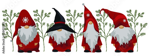 Cute New Year Christmas gnomes. Fairy-tale characters, old men with a gray beard. Vector illustration.