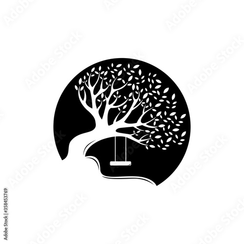 silhouette of swing and tree illustration logo