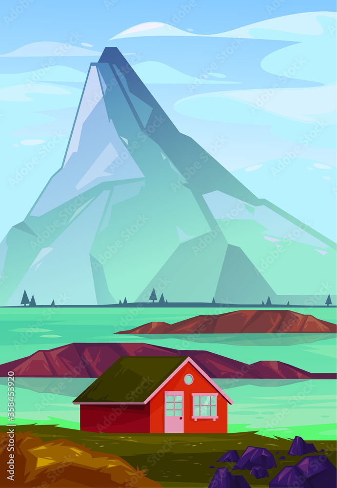 Cute illustration of a house in the mountains. Lake, water. Landscape, nature. Rural life. Vector cartoon picture.