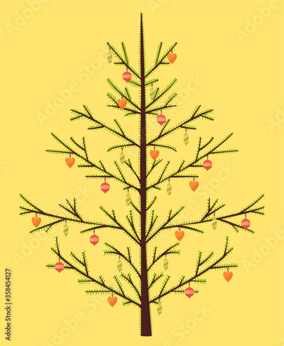 Vector cartoon tree with christmas toys.
Christmas tree, pine.