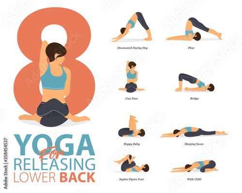 8 Yoga poses for workout in concept of releasing lower back. Woman exercising for body stretching. Yoga posture or asana for fitness infographic. Flat cartoon vector.