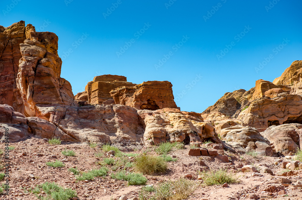 It's Landscape of mountains in Petra (Rose City), Jordan. Petra is one of the New Seven Wonders of the World.