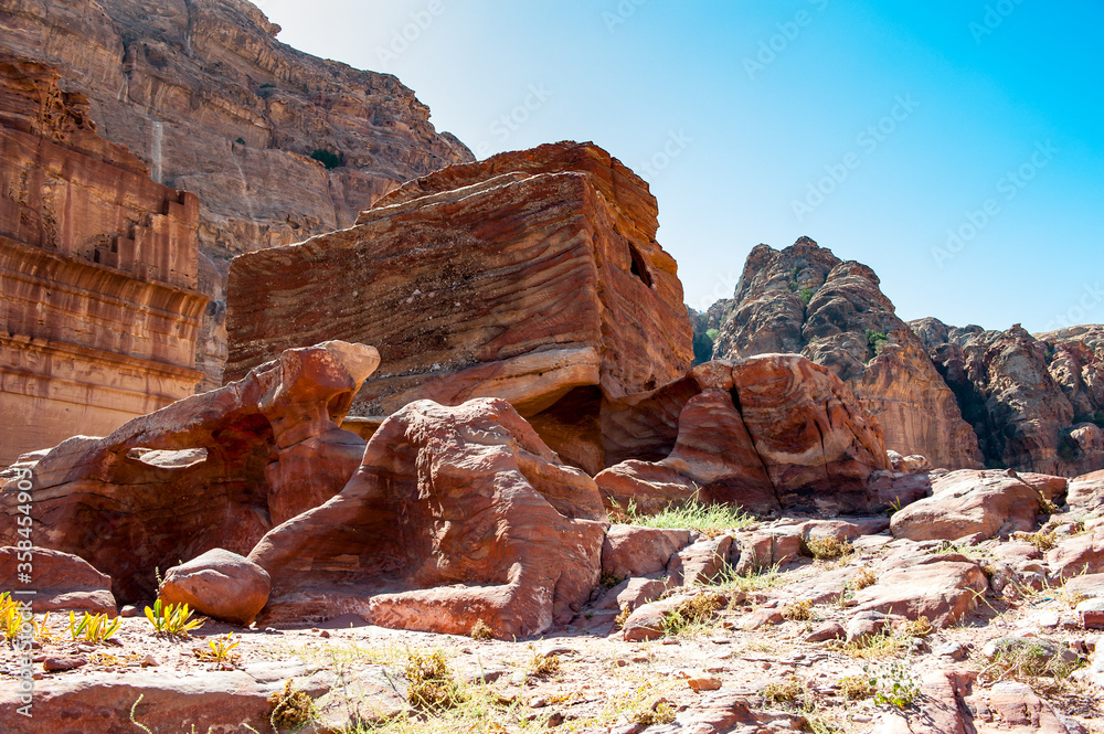 It's Landscape of mountains in Petra (Rose City), Jordan. Petra is one of the New Seven Wonders of the World.