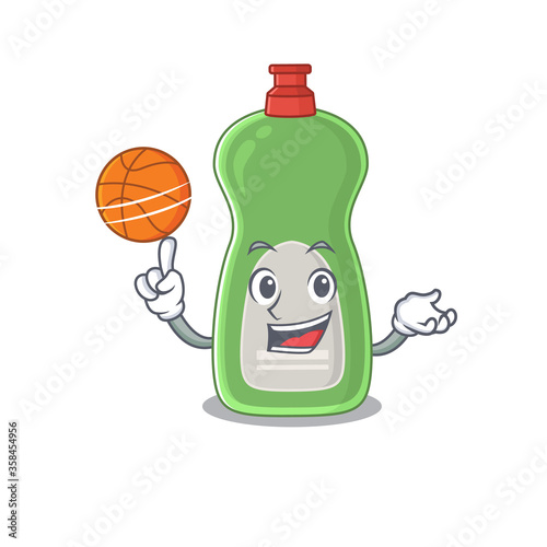 An athletic dishwashing liquid cartoon mascot design with basketball