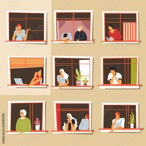 People looking out of windows, coronavirus quarantine and isolation