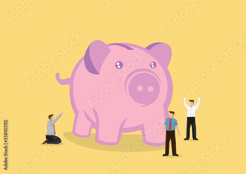 A group of businessman surround a gaint piggy bank. Concept of saving, investment or any corporate business concerning money.