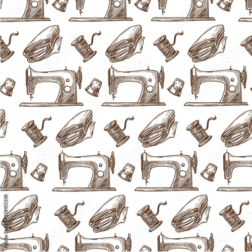 Sewing machine, cloth and thread monochrome seamless pattern