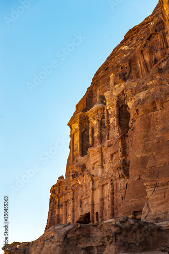 It's Ancient rock cut architecture in Petra (Rose City), Jordan. The city of Petra was lost for over 1000 years. Now one of the Seven Wonders of the Word