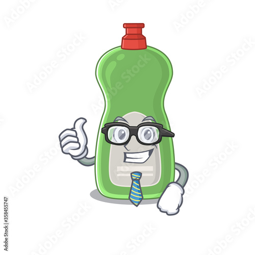 cartoon mascot style of dishwashing liquid Businessman with glasses and tie