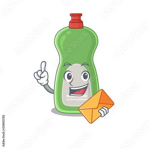 A picture of cheerful dishwashing liquid caricature design concept having an envelope