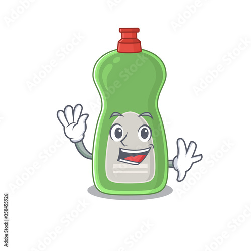 A charismatic dishwashing liquid mascot design concept smiling and waving hand