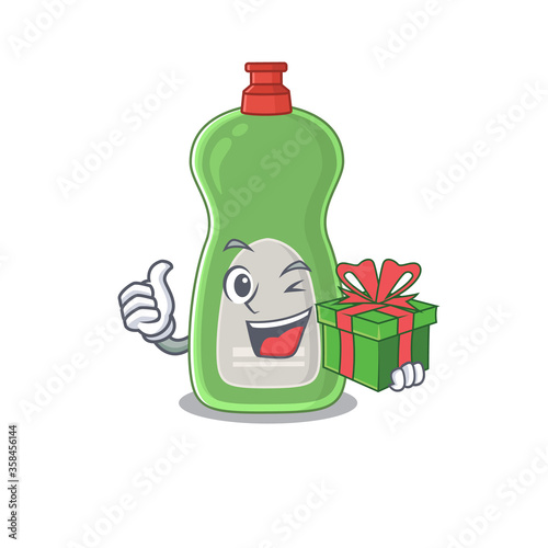 Dishwashing liquid cartoon character concept with a big gift box