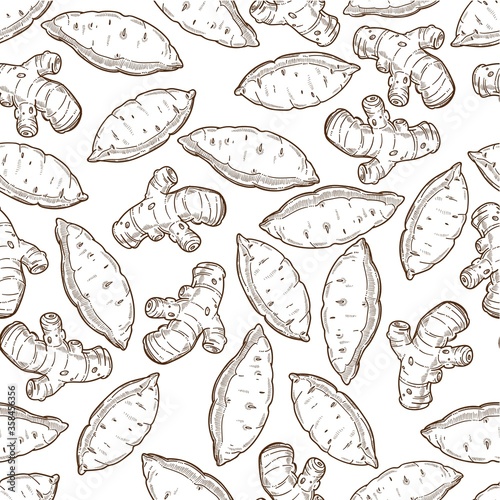 Ginger and sweet potato vegetables colorless seamless pattern