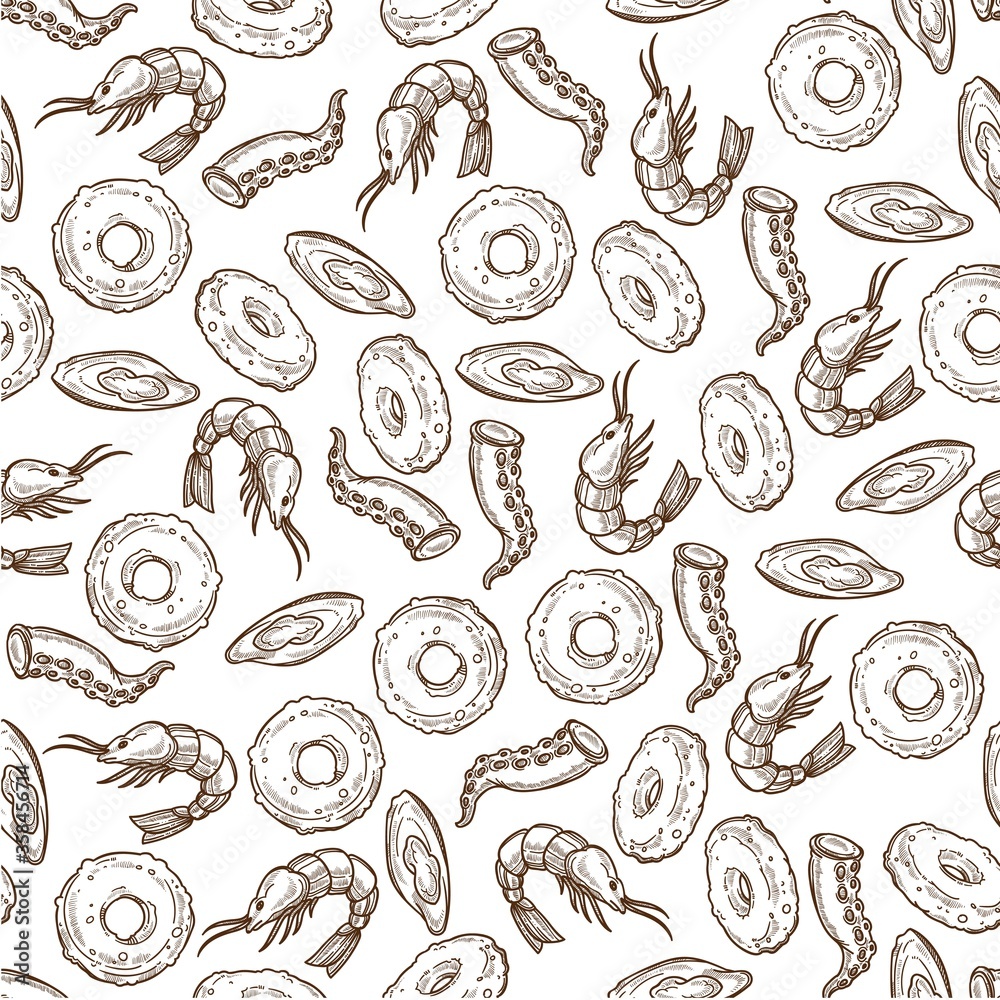 Seafood menu, fried shrimp rings dish seamless pattern Seafood menu, fried shrimp rings dish seamless pattern