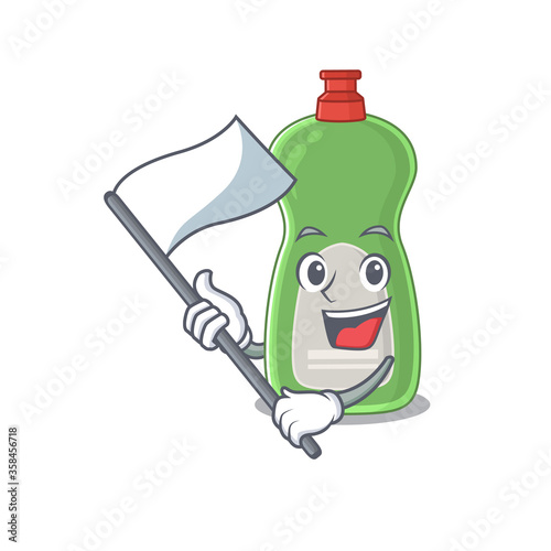 A brave dishwashing liquid mascot character design holding a white flag