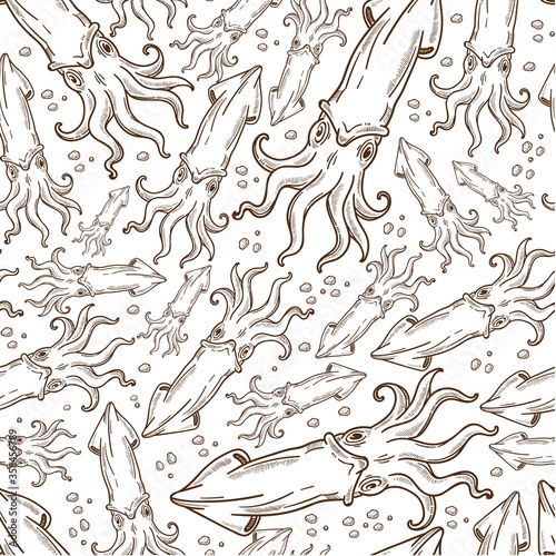 Squid swimming underwater, sea life, animal seamless pattern