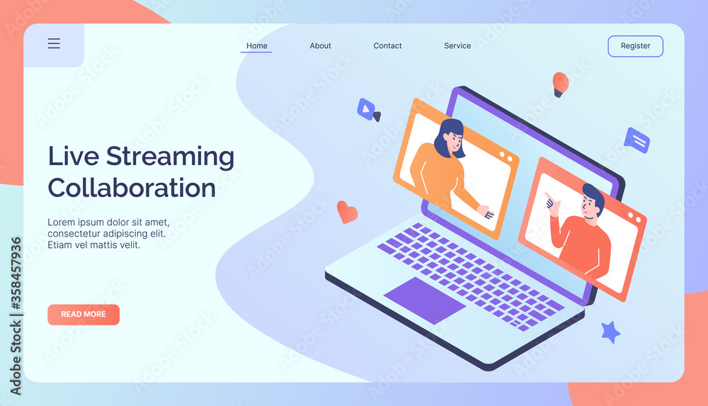 Live Streaming Collaboration campaign for web website home homepage landing page banner full color style modern flat design Live Streaming Collaboration campaign for web website home homepage landing page banner full color style modern flat design