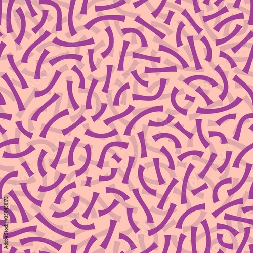 Noodles like curved shapes and elements scattered layers dark and grayish purple on a crisp, energizing coral light orange background seamless repeating surface pattern for a physical product or web.