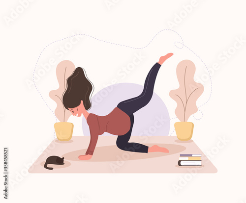 Pretty pregnant woman doing yoga, having healthy lifestyle and relaxation, exercises for girls. Modern vector flat illustration. Happy pregnancy concept isolated on white background.