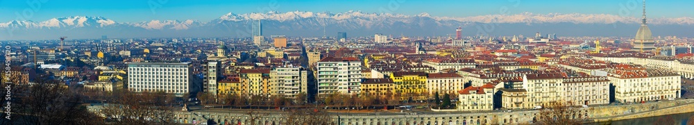 European city Turin old buildings and mountains, Italy
