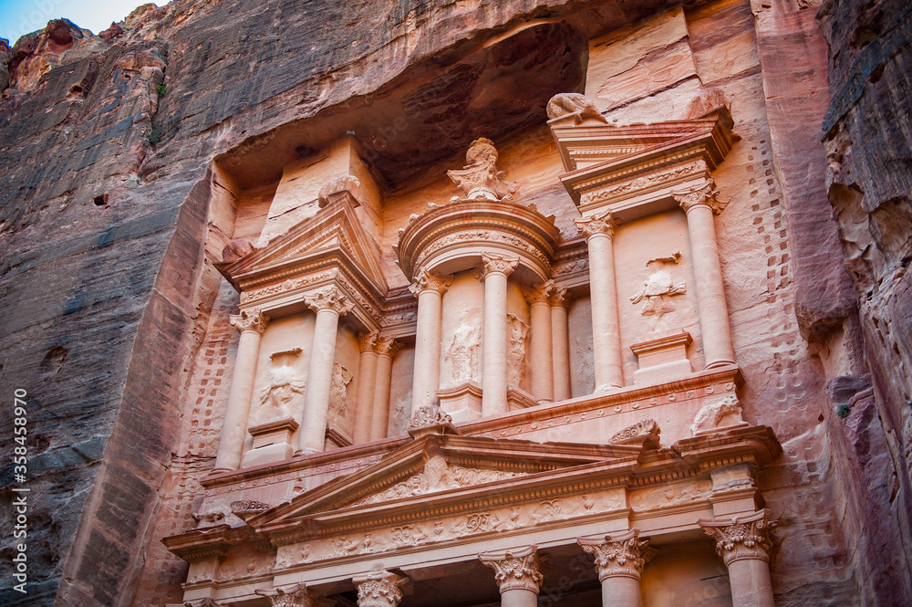It's Al Khazneh or The Treasury at Petra, Jordan. Petra is one of the New Seven Wonders of the World. UNESCO World Heritage