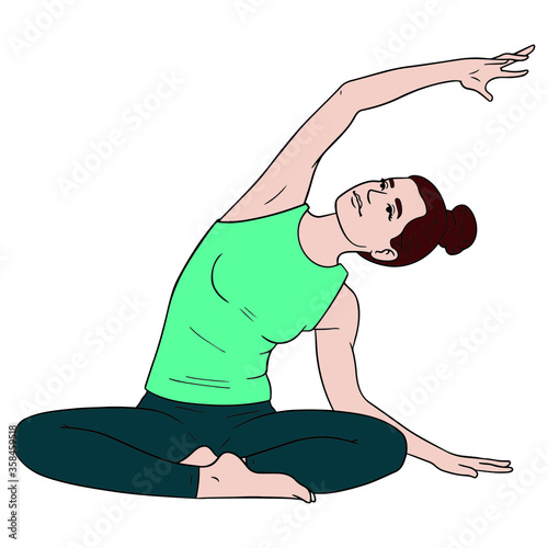 comic drawing of a woman doing yoga, stretching her side with her arm over her head.