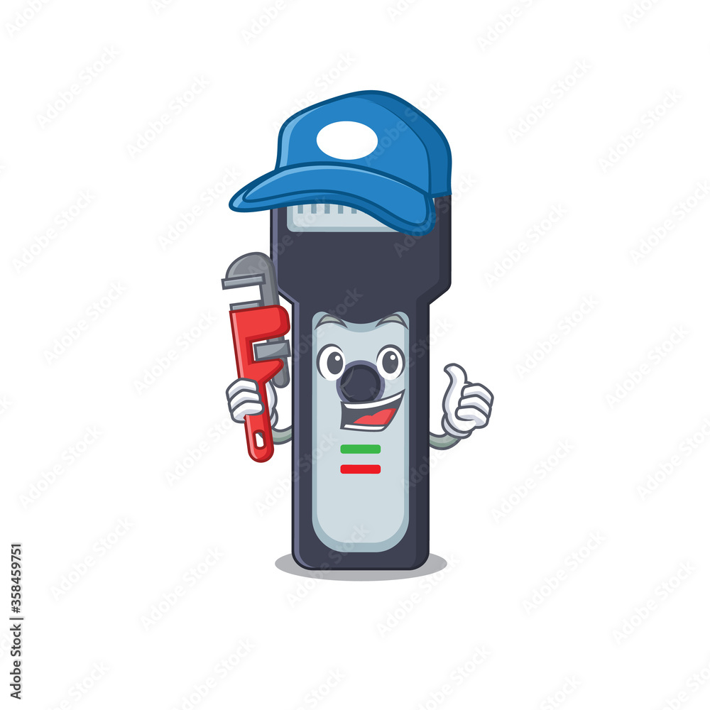 cartoon mascot design of electric shaver as a Plumber with tool cartoon mascot design of electric shaver as a Plumber with tool