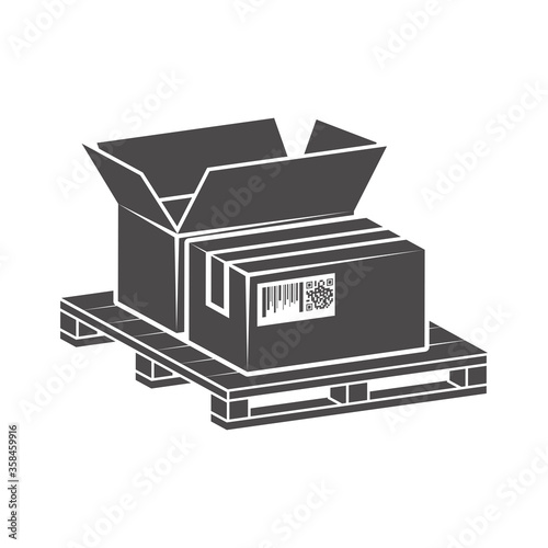 Shipping parcels in cardboard boxes, packed on pallet icon in flat style.Vector illustration.